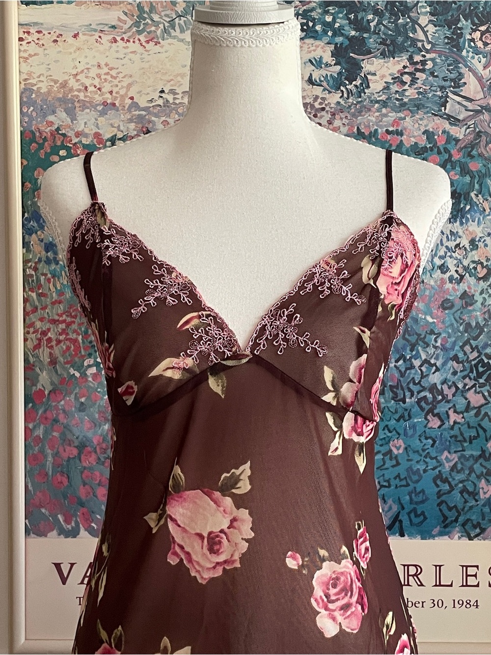 Y2K Floral Lace Coquette Fairy Slip Dress Medium Brown V-Neck Sheer Shabby Chic - Picture 2 of 9